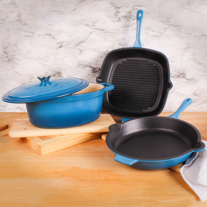 Image 2 of Neo 4pc Cast Iron Cookware Set, Grill Pan, Fry Pan & Oval Dutch Oven, Blue