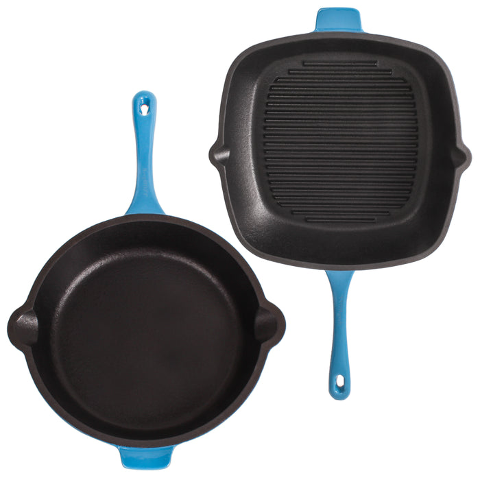 Image 3 of Neo 4pc Cast Iron Cookware Set, Grill Pan, Fry Pan & Oval Dutch Oven, Blue