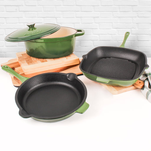 Image 2 of Neo 4pc Cast Iron Cookware Set, Grill Pan, Fry Pan & Oval Dutch Oven, Green