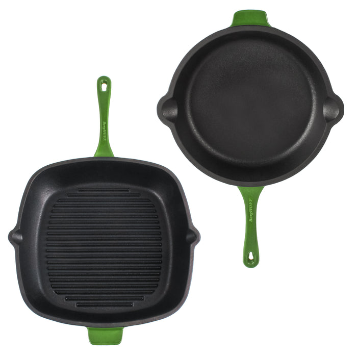 Image 3 of Neo 4pc Cast Iron Cookware Set, Grill Pan, Fry Pan & Oval Dutch Oven, Green