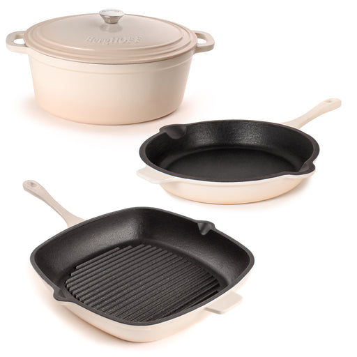 Image 1 of Neo 4pc Cast Iron Cookware Set, Grill Pan, Fry Pan & Oval Dutch Oven, Meringue