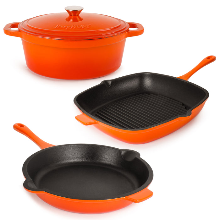 Image 1 of Neo 4pc Cast Iron Cookware Set, Grill Pan, Fry Pan & Oval Dutch Oven, Orange