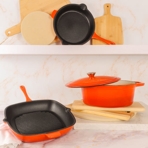 Image 2 of Neo 4pc Cast Iron Cookware Set, Grill Pan, Fry Pan & Oval Dutch Oven, Orange