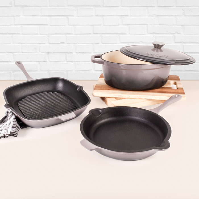 Image 2 of Neo 4pc Cast Iron Cookware Set, Grill Pan, Fry Pan & Oval Dutch Oven, Oyster