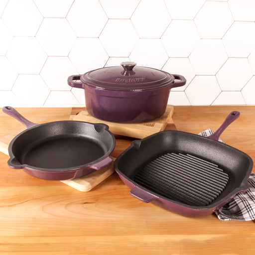 Image 2 of Neo 4pc Cast Iron Cookware Set, Grill Pan, Fry Pan & Oval Dutch Oven, Purple