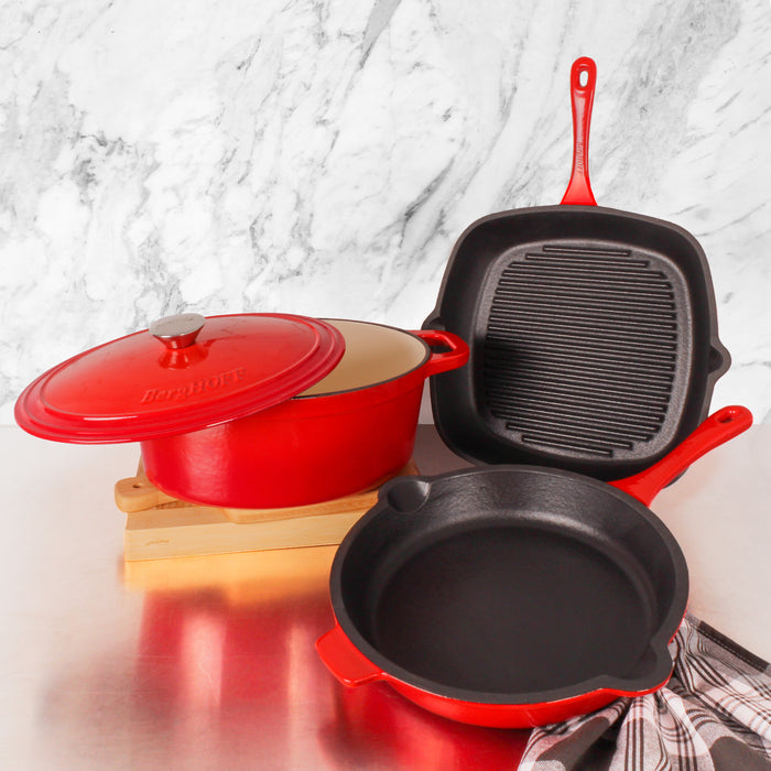 Image 2 of Neo 4pc Cast Iron Cookware Set, Grill Pan, Fry Pan & Oval Dutch Oven, Red