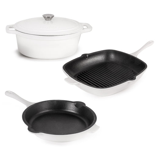 Image 1 of Neo 4pc Cast Iron Cookware Set, Grill Pan, Fry Pan & Oval Dutch Oven, White