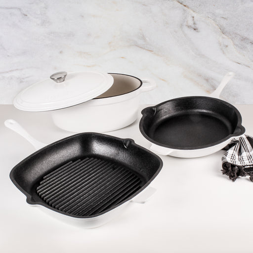 Image 2 of Neo 4pc Cast Iron Cookware Set, Grill Pan, Fry Pan & Oval Dutch Oven, White