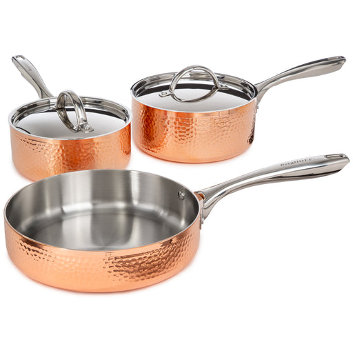 Image 1 of BergHOFF Vintage 5pc Tri-Ply Copper Saucepan & Deep Skillet Cookware Set,  SS Lids, Hammered