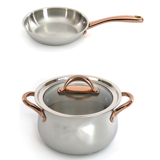 Image 1 of Ouro Gold 3pc 18/10 Stainless Steel Cookware Set, Glass Lids, Rose Gold Handles