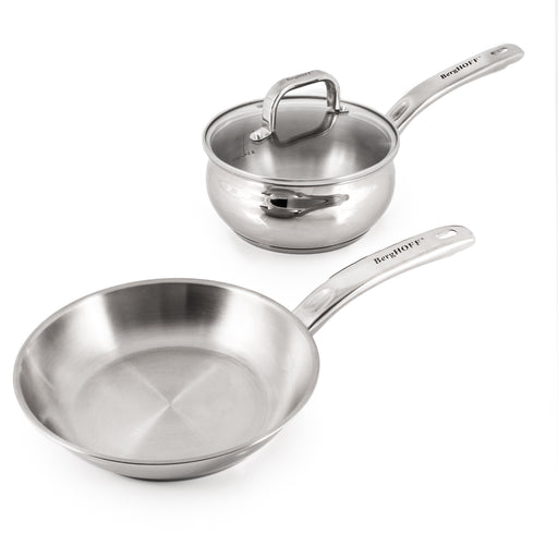 Image 1 of BergHOFF Belly Shape 3pc 18/10 Stainless Steel Fry Pan & Saucepan Cookware Set with Glass Lid