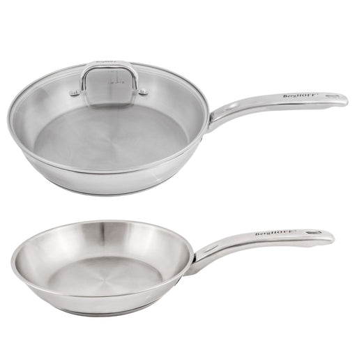 Image 1 of BergHOFF Belly Shape 3pc 18/10 Stainless Steel Fry Pan & Skillet Cookware Set with Glass Lid