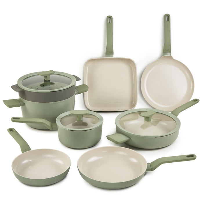 Image 1 of BergHOFF Leo Balance 11pc Non-stick Aluminum Cookware Set, Glass Lids, Sage