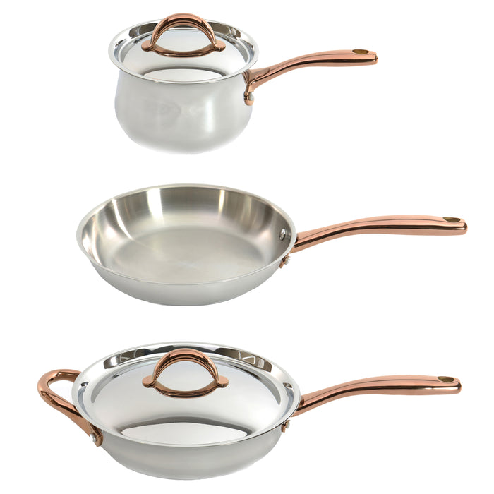 Image 1 of Ouro Gold 5Pc 18/10 Stainless Steel Starter Set, SS Lids, Rose Gold Handles