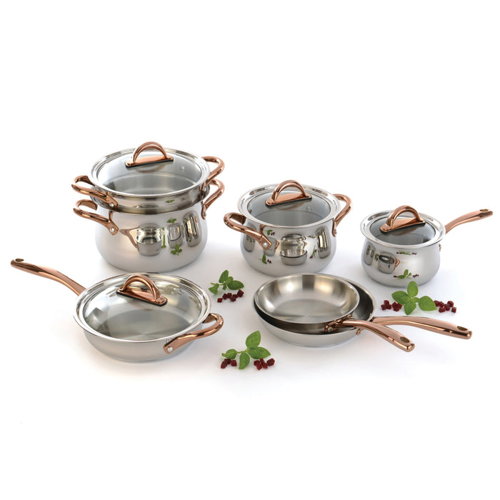 Image 8 of Ouro Gold 5Pc 18/10 Stainless Steel Starter Set, Glass Lids, Rose Gold Handles