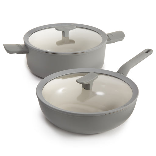 Image 1 of BergHOFF Balance 4Pc Non-stick Ceramic Stockpot and Wok Pan Set With Glass Lids, Recycled Aluminum, CeraGreen, Moonmist
