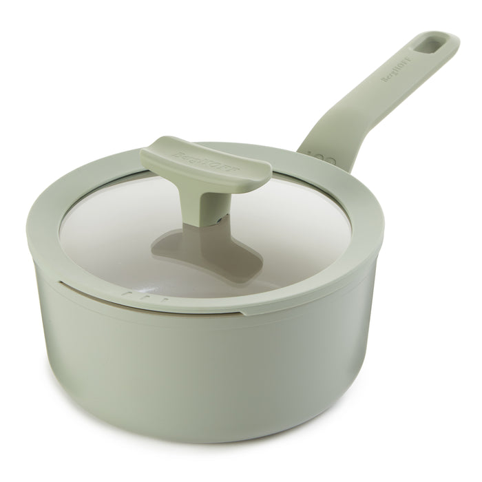 Image 1 of BergHOFF Balance Non-stick Ceramic Saucepan 7", 2.1qt. With Glass Lid, Recycled Aluminum, Sage